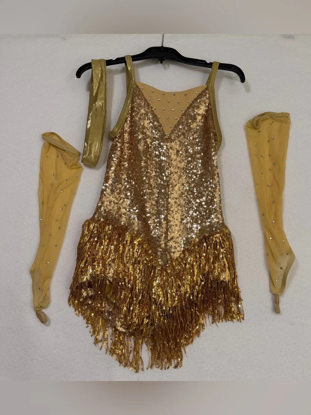Weissman Gold Sequin Fringe Dance Costume with Matching Accessories